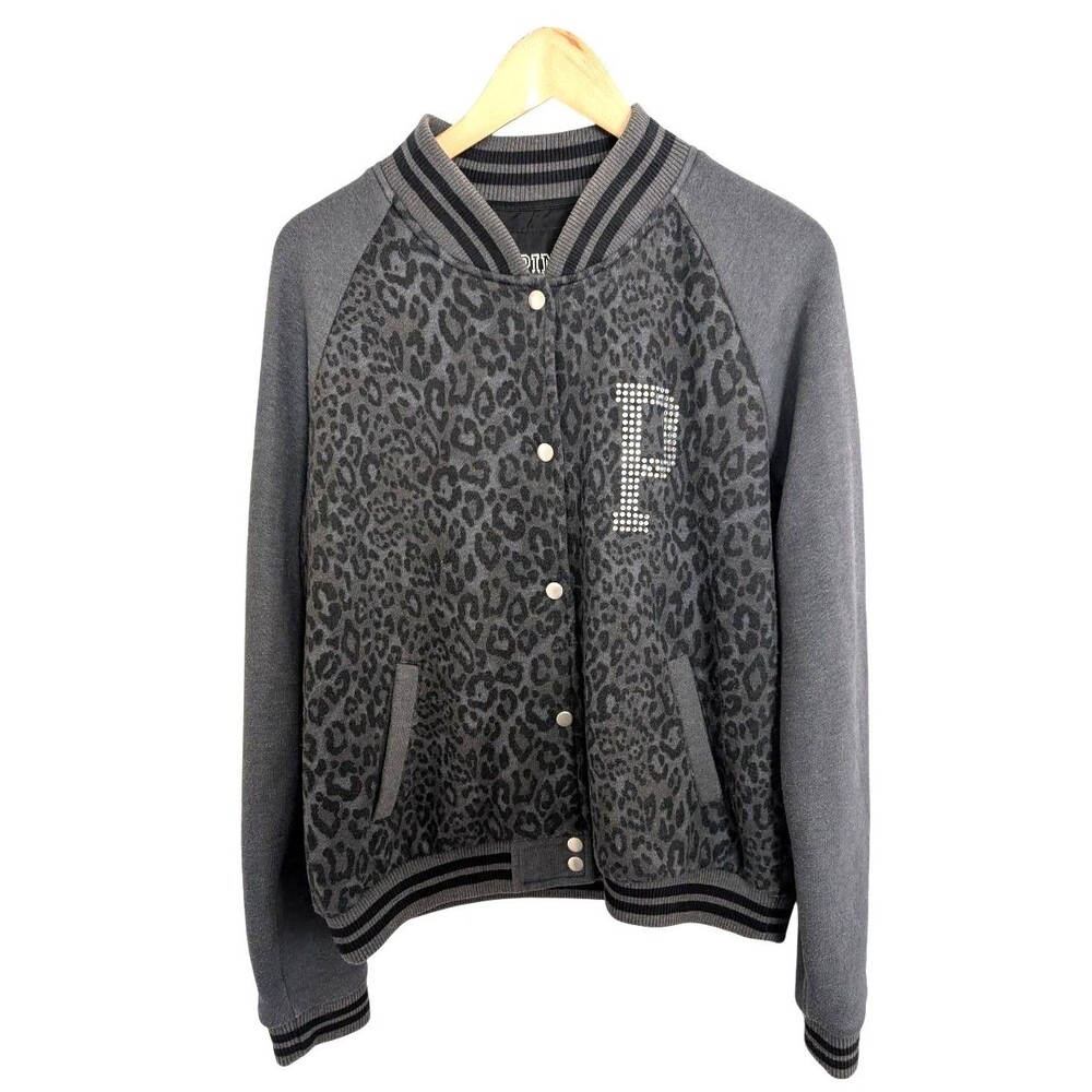 Victorias Secret Pink BLING CHEETAH LEOPARD Logo Varsity Bomber Vintage LARGE
